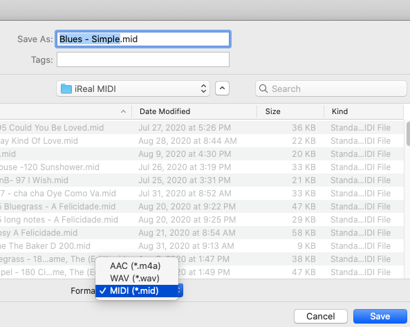 screen shot of saving MIDI file
